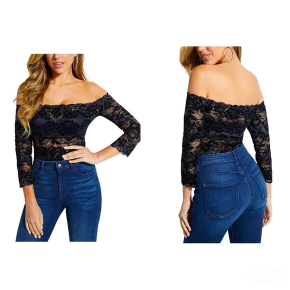 GUESS Kristy Off-The-Shoulder Lace Top Black Sheer 3/4 Sleeves Sz L - Picture 7 of 12